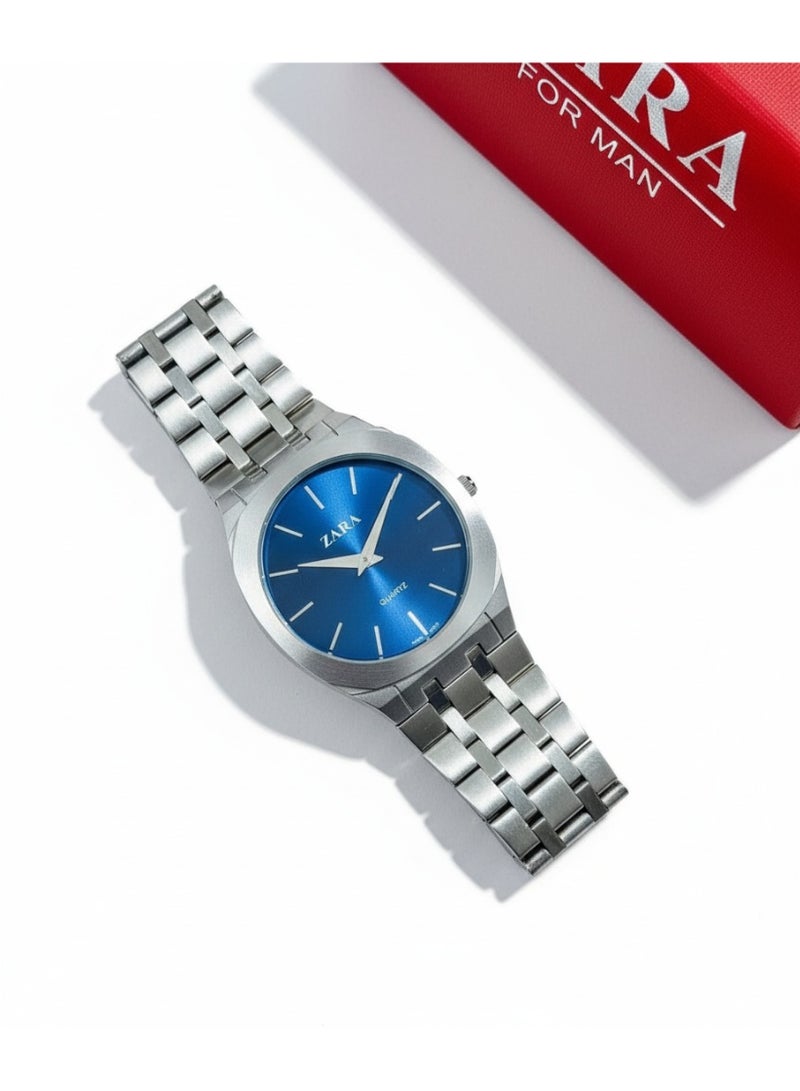 ZARA Stainless Steel Quartz Watch with Blue Sunray Dial - Image 3